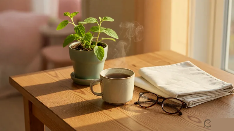 Quiet lounge corner with a wooden side-table, ceramic mug, folded magazine, reading glasses and a small plant in soft afternoon light