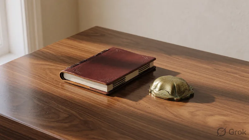Closed leather-bound journal and a small brass paperweight on a polished walnut desk under soft daylight, the editorial still for the 973-title crawl tally post