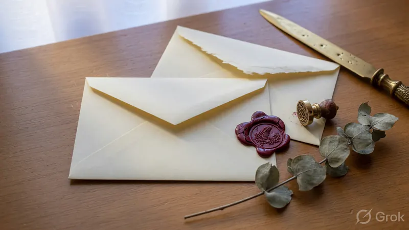 Cream envelopes, a brass letter opener, a wax seal stamp and a sprig of dried eucalyptus on a wooden surface under soft window light
